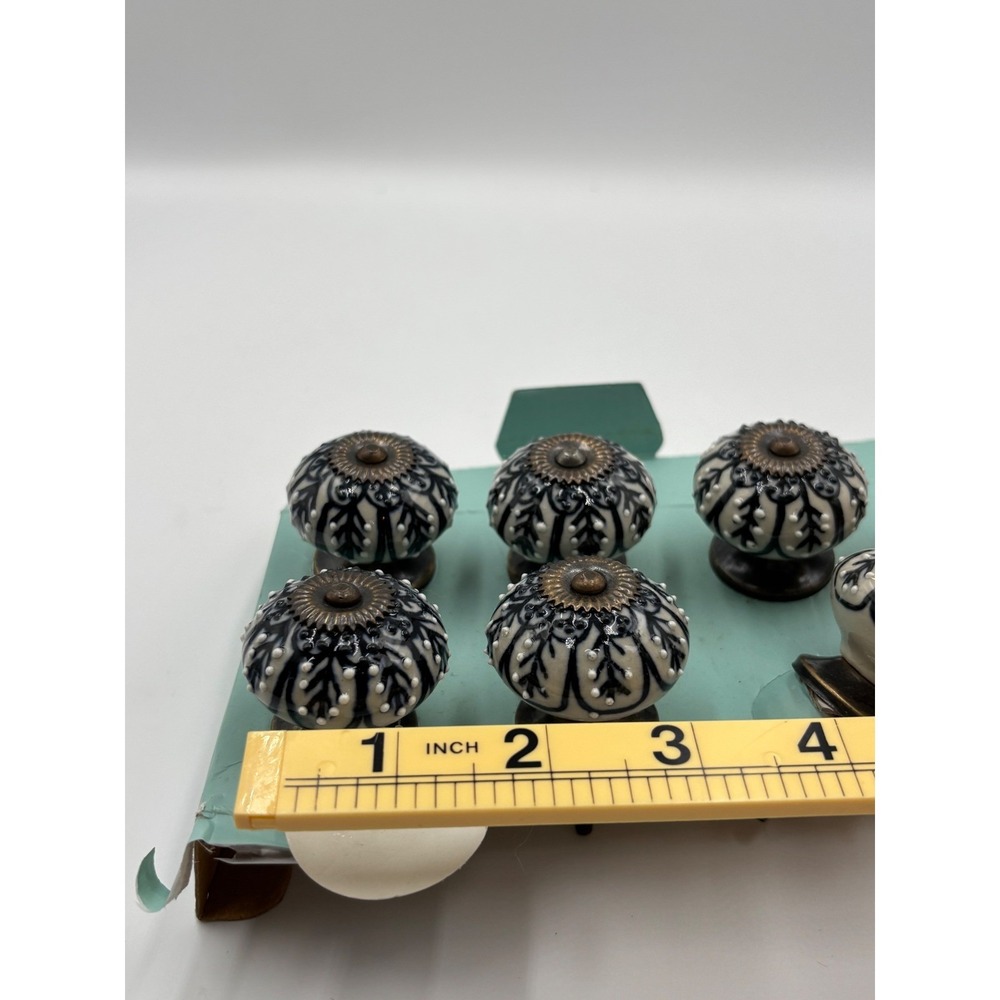 Ceramic Cabinet Knobs Pulls Black Floral Set of 7 Handmade in India - Picture 5 of 8